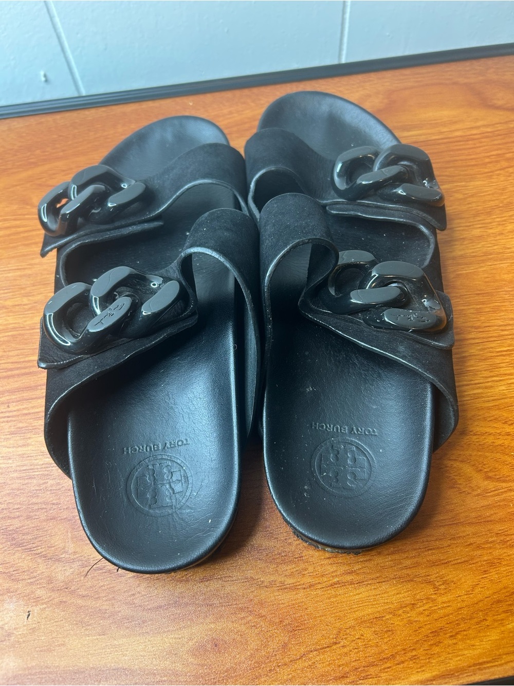 Tory Burch Women’s Black Nubuck Logo Two Band Slide Sandals Slip On 8
